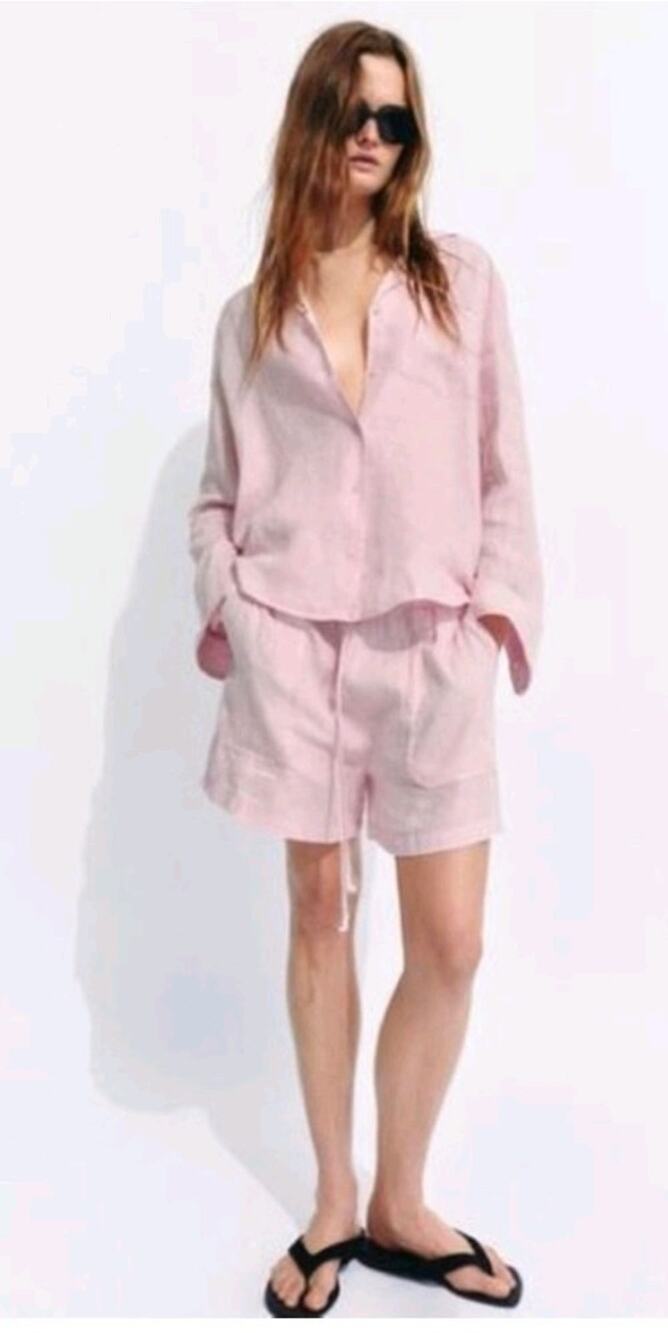 ZARA ZW 100% Linen Matching Co-Ord Set Light Pink Shirt & High-Waist Shorts XS